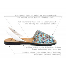 Women's Avarcas Flat Sandals Leather Summer Shoes, sky-blue Skull-Motif 413 - Avarca Menorquina - Made in Spain