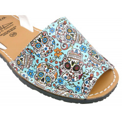 Women's Avarcas Flat Sandals Leather Summer Shoes, sky-blue Skull-Motif 413 - Avarca Menorquina - Made in Spain