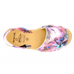 Women's Avarcas Leather Flat Sandals pink purple flowers - Avarca Menorquina - Made in Spain