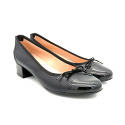 Damen Ballerina Schuhe Echtleder schwarz mit 4-cm Absatz & Lackleder-Kappe