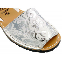 Avarca Girl's Sandals Leather Kid's Summer Shoes Abarca Menorquina silver flowers MADE IN SPAIN