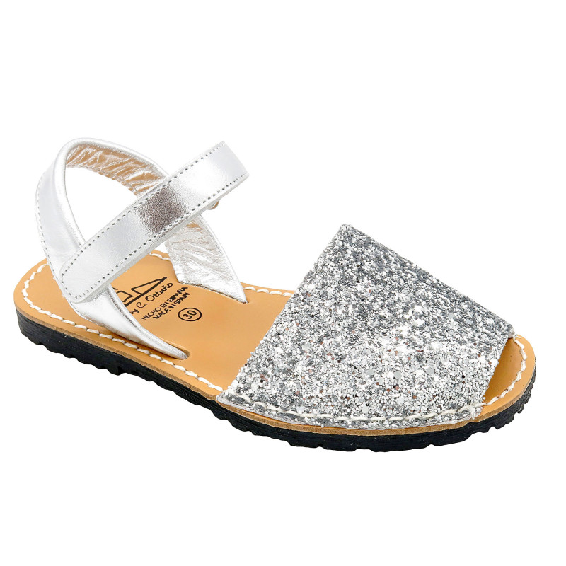 Mädchen Sandalen Avarcas Glitzer Kinderschuhe Leder Riemchen Sandaletten flach offen, silber