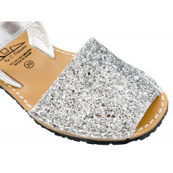 Mädchen Glitzer Sandalen Leder Riemchen Avarcas silbern Kinder Schuhe Menorca Sandalette Pailletten - Made In Spain