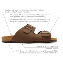 Herren Pantoletten braun Leder Sandalen Hausschuhe Echtleder Fußbett Korksohle - Made In Spain