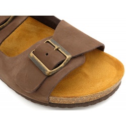 Herren Pantoletten braun Leder Sandalen Hausschuhe Echtleder Fußbett Korksohle - Made In Spain