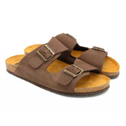 Herren Pantoletten braun Leder Sandalen Hausschuhe Echtleder Fußbett Korksohle - Made In Spain