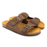 Herren Pantoletten braun Leder Sandalen Hausschuhe Echtleder Fußbett Korksohle - Made In Spain