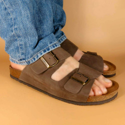 Herren Pantoletten braun Leder Sandalen Hausschuhe Echtleder Fußbett Korksohle - Made In Spain