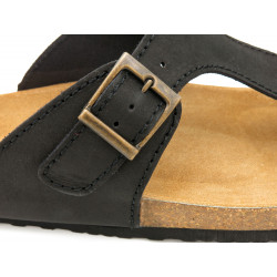 Men's Mules Nubuck Leather Sandals black Thongs with Leather Footbed & Cork Sole - Made in Spain