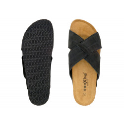 Herren Pantoletten schwarz Nubuk Leder Sandalen Hausschuhe Korksohle Echtleder Fußbett Made In Spain Morxiva Casual 8015