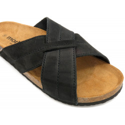 Herren Pantoletten schwarz Nubuk Leder Sandalen Hausschuhe Korksohle Echtleder Fußbett Made In Spain Morxiva Casual 8015