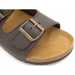 Herren Pantoletten braun Leder Riemchen Sandalen Echtleder Fußbett & Korksohle - Made In Spain