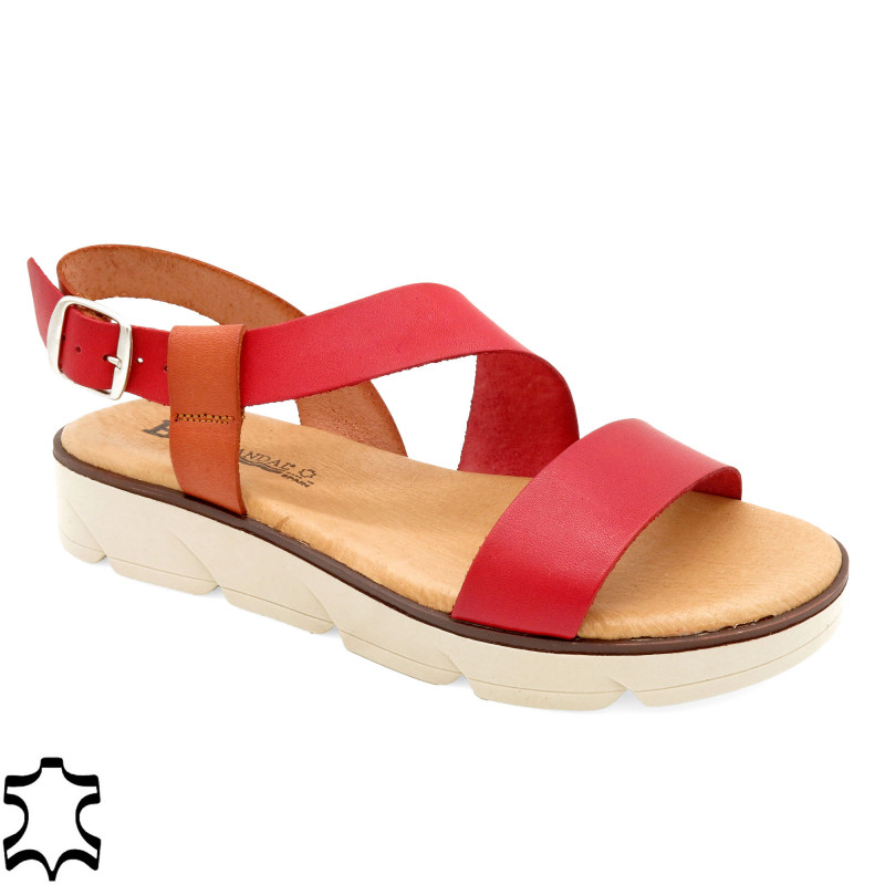 Genuine Leather Women's Wedge Sandals Strap Summer Shoes with soft-padded Leather Insole, red - BluSandal - Made In Spain