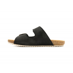 Damen Pantoletten Leder Nubuk schwarz Sandalen gepolstert Hausschuhe Schlappen Echtleder Fußbett Korksohle Korkschuhe Blusandal