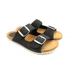 Damen Pantoletten Leder Nubuk schwarz Sandalen gepolstert Hausschuhe Schlappen Echtleder Fußbett Korksohle Korkschuhe Blusandal