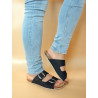 Damen Pantoletten Echtleder Hausschuhe Sandalen Schlappen schwarz - mit Leder Fußbett & Kork Sohle - Made In Spain