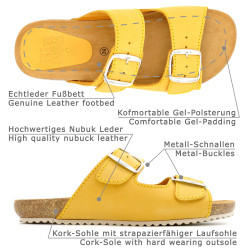 women's ladies leather mules sandals  mustard yellow leather footbed cork sole gel-padded