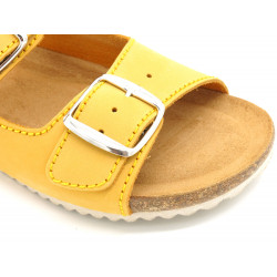 Damen Pantoletten Leder gelb Sandalen gepolstert Hausschuhe Schlappen Echtleder Fußbett Korksohle Korkschuhe Blusandal
