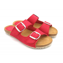 Damen Pantoletten Leder Nubuk rot Sandalen gepolstert Hausschuhe Schlappen Echtleder Fußbett Korksohle Korkschuhe Blusandal