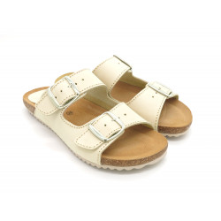 Damen Pantoletten Leder Nubuk beige Sandalen gepolstert Hausschuhe Schlappen Echtleder Fußbett Korksohle Korkschuhe Blusandal