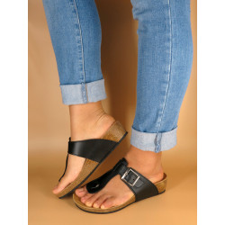 Women's Wedge Sandals Leather Mules black Summer Shoes with Leather Footbed & Cork Sole - Made In Spain