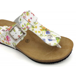 Damen Leder Sandalen Keilabsatz Pantoletten weiß Blumen Fußbett Kork Schuhe - Made In Spain