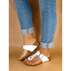 Damen Sandalen Leder weiß Zehentrenner Keilabsatz Pantoletten mit Fußbett & Korksohle - Made In Spain