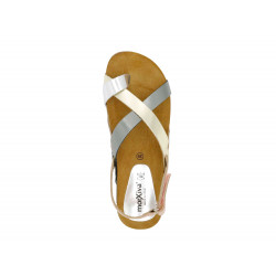 Damen Leder Sandalen silber metallic Riemchen Sandaletten Sommerschuhe Echtleder Fußbett Korksohle MADE IN SPAIN Morxiva 830