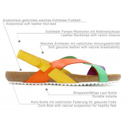 back-strap leather flat sandals women's summer shoes brown leather-footbed cork-sole colorful multi-color orange yellow green