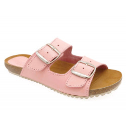 Women's Mules pink Nubuck Flat Sandals Slippers with Leather Footbed & Cork Sole - Made In Spain