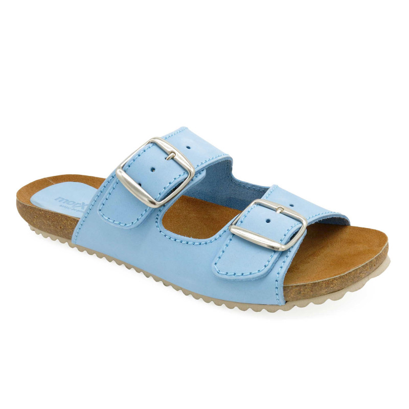 Women's Mules sky-blue Nubuck Flat Sandals Slippers with Leather Footbed & Cork Sole - Made In Spain