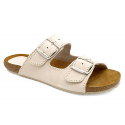 Women's Mules ivory beige Nubuck Flat Sandals Slippers with Leather Footbed & Cork Sole - Made In Spain