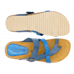Damen Sandalen blau Leder Riemchen Sommerschuhe Zehentrenner Echtleder Fußbett Korksohle - SALE