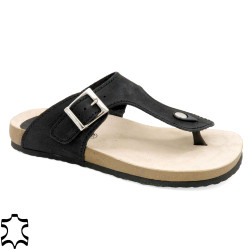 black Women's Mules Nubuck Flat Sandals Thongs Slippers with Leather Footbed - Made In Spain