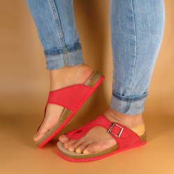 Damen Leder Sandalen Zehentrenner Pantoletten Echtleder Fußbett rot rote Sohle