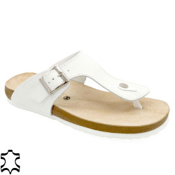 Women's Mules white Nubuck Flat Sandals Thongs Slippers with Leather Footbed - Made In Spain
