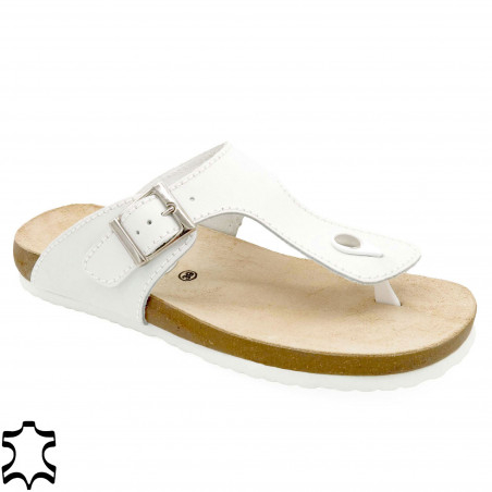 Leder Pantoletten Damen Sandalen Nubuk weiß Leder Fußbett Hausschuhe Zehentrenner - Made In Spain