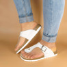 Women's Mules white Nubuck Flat Sandals Thongs with Leather Footbed - Made In Spain
