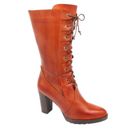 Leather Women's Mid-Calf Boots High Heels 3" 8-cm Lace-Up Zip autumn spring eye-catching comfortable tan brown