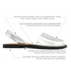 Genuine Leather Women's Flat Sandals Avarca Menorquina Summer Shoes, silver metallic 189 - Avarca - Made in Spain