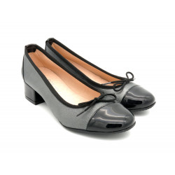 Damen Leder Ballerina Schuhe grau metallic Lackleder-Kappe 4-cm Absatz elegant schön bequem