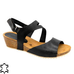 Damen Leder Sandalen schwarz Keilabsatz Kork Schuhe Echtleder Fußbett - Made In Spain
