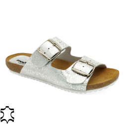 Damen Pantoletten weiß silber Leder Fußbett Sandalen Hausschuhe Kork Schuhe - Made In Spain