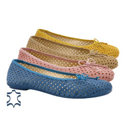 Damen Ballerina Leder Sommer Schuhe rosa blau beige gelb - Made In Spain