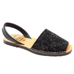 Women's Flat Sandals Glitter Summer Shoes Avarca Menorquina, black 275 - Made in Spain