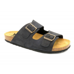 Herren Pantoletten Leder Hausschuhe Sandalen schwarz Echtleder Fußbett Korksohle - Made In Spain