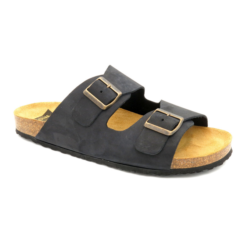 Herren Pantoletten Leder Hausschuhe Sandalen schwarz Echtleder Fußbett Korksohle - Made In Spain