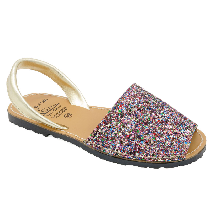 Women's Flat Sandals Glitter Summer Shoes Avarca Menorquina, sequins colorful 275 - Made in Spain