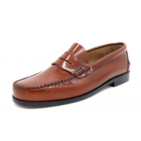 Men's Slip-On Dress Shoes classic Leather Penny Loafer Welted Leather Sole tan brown - PREMIUM LINE Made In Spain