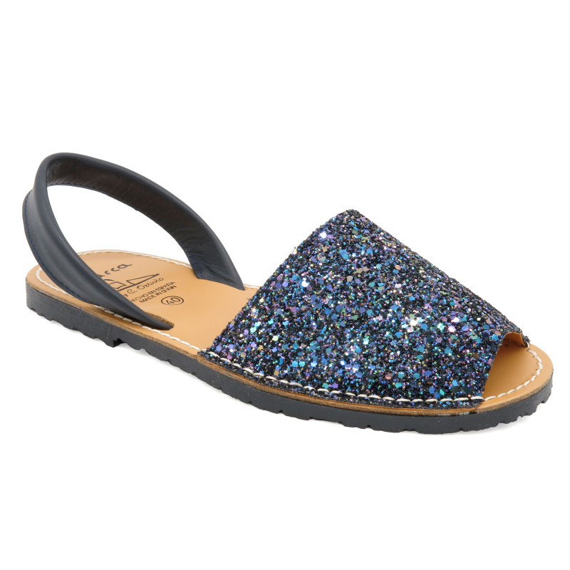 Women's Flat Sandals Glitter Summer Shoes Avarca Menorquina, sequins navy 275 - Made in Spain